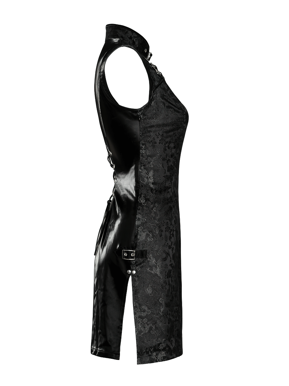 Futuristic black dragon pattern jacquard mini dress with asymmetric buckle and leather accents.