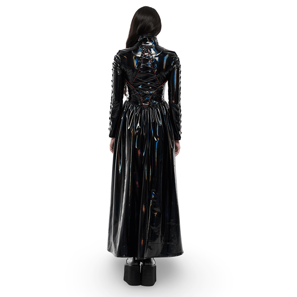Back view of a futuristic high-shine laser-cut long coat for women with unique strap design and lace-up detailing.