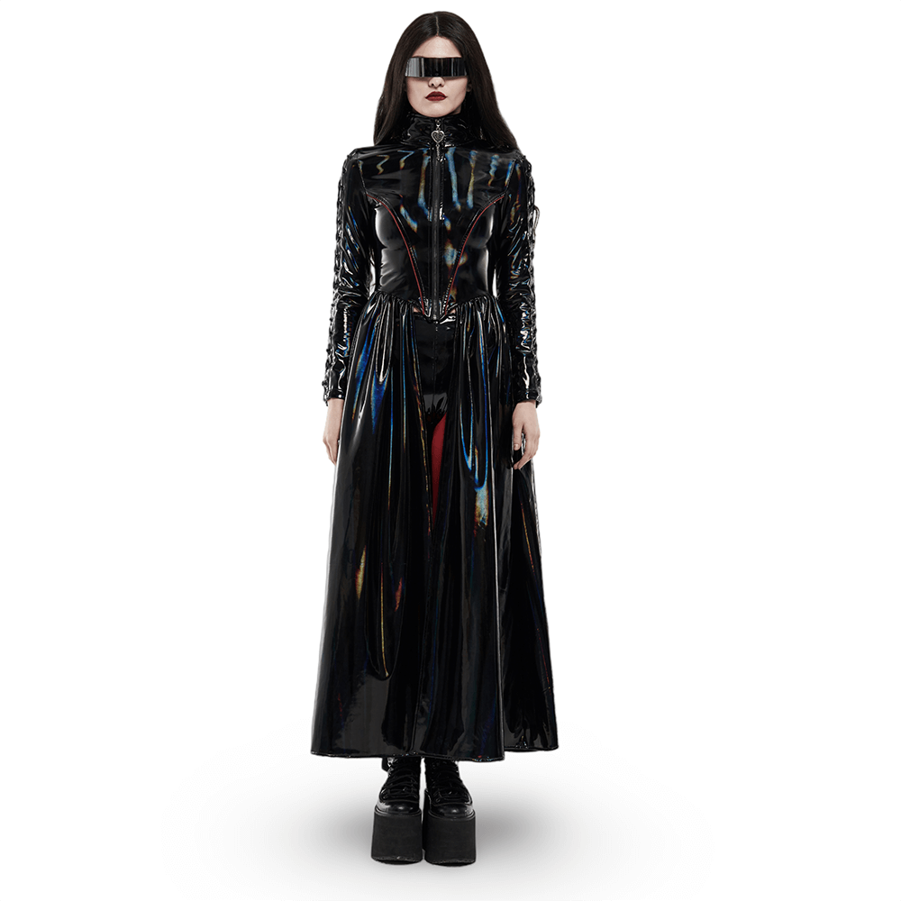 Futuristic high-shine laser-cut long coat for women with stylish knee-high boots.