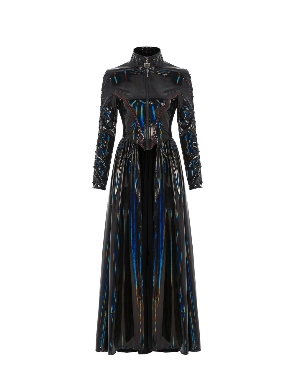 Futuristic high-shine laser-cut long coat for women with avant-garde design and unique strap details.