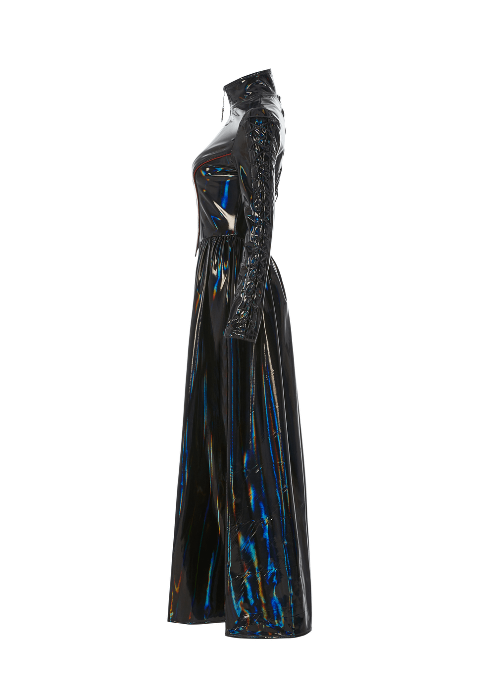 Futuristic high-shine laser-cut long coat for women, featuring a sleek black design and striking rainbow reflections.