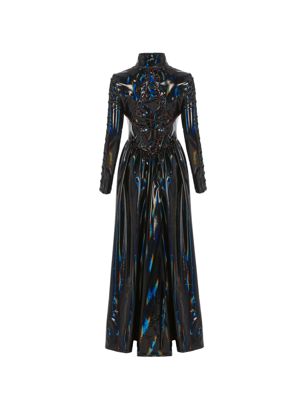 Futuristic high-shine laser-cut long coat for women, featuring a stunning chameleon effect and avant-garde design.