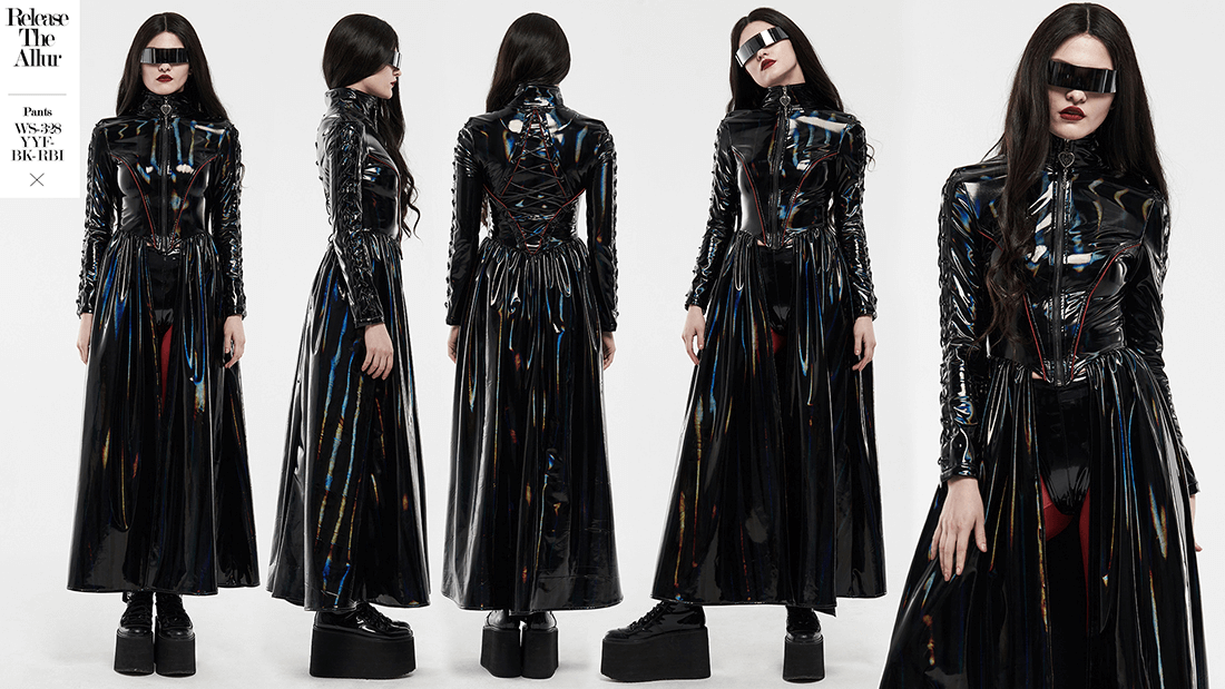 Futuristic high-shine laser-cut long coat for women, showcasing avant-garde style and unique strap design.