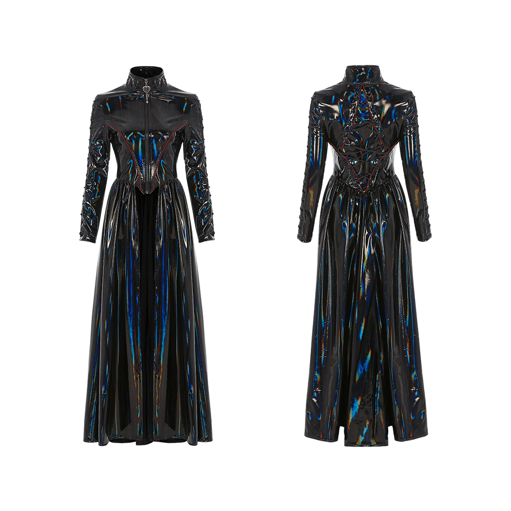 Futuristic high-shine laser-cut long coat for women with unique strap design and elegant front zip.