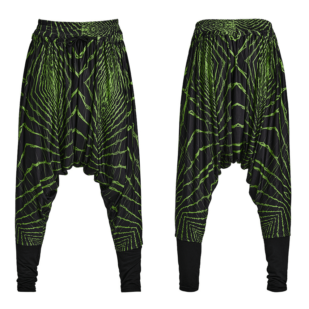 Futuristic geometric print harem pants with elastic waist in black and green, perfect for cyberpunk streetwear style.
