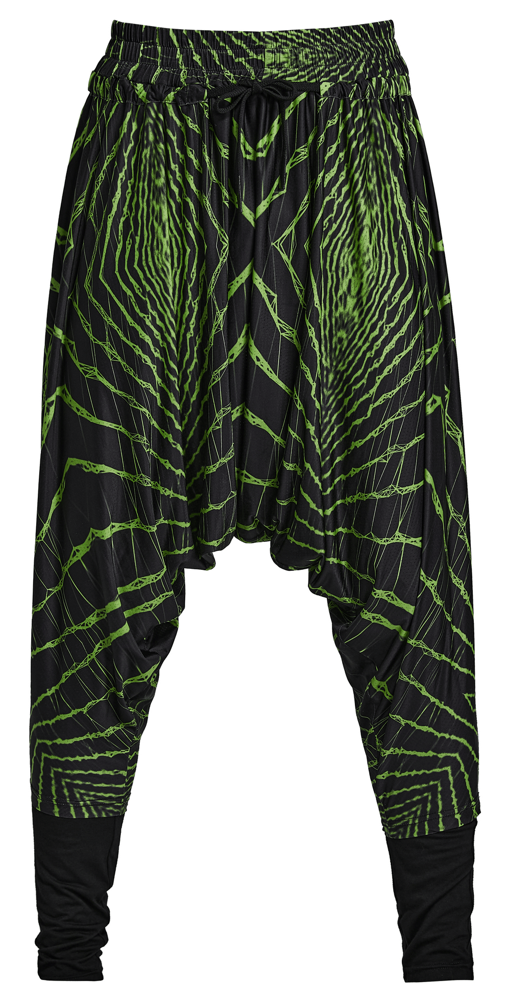 Futuristic harem pants with a bold green geometric print and elastic waist, perfect for streetwear style.
