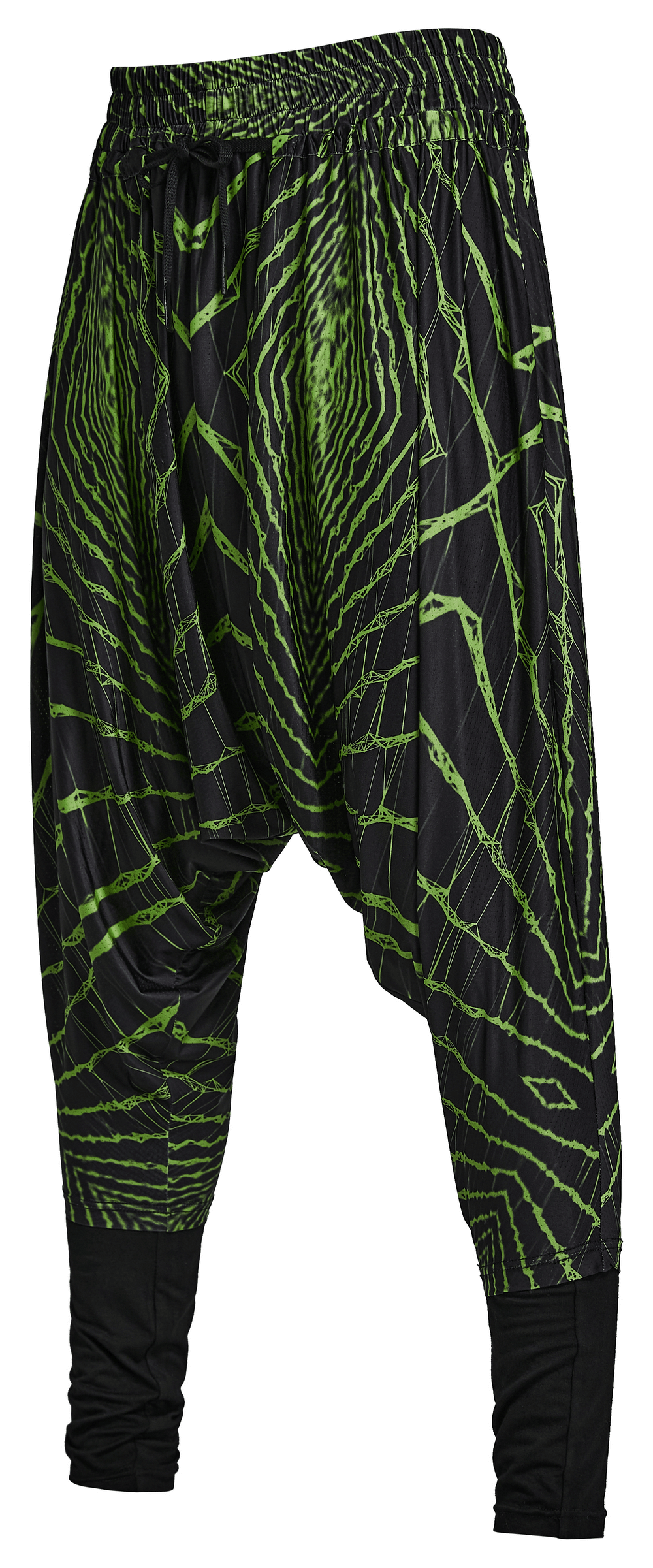 Futuristic geometric print harem pants with elastic waist, perfect for cyberpunk streetwear style.