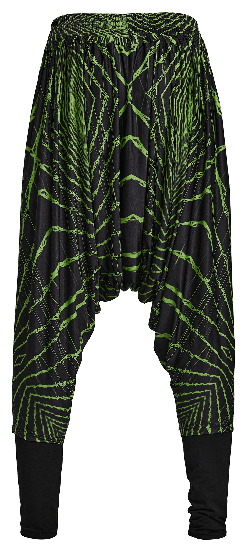 Futuristic lightwave harem pants with bold geometric print and elastic waist for stylish streetwear.