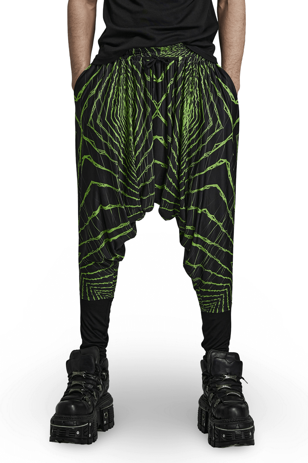 Futuristic geometric print harem pants with elastic waist, perfect for cyberpunk streetwear style.
