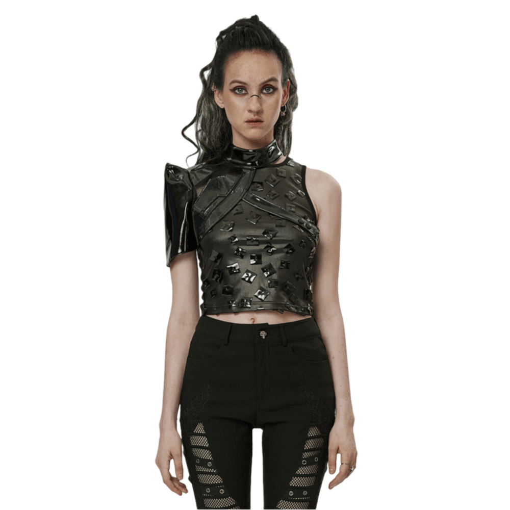 Futuristic one-arm glossy patent leather top with unique pattern, showcasing bold avant-garde style.