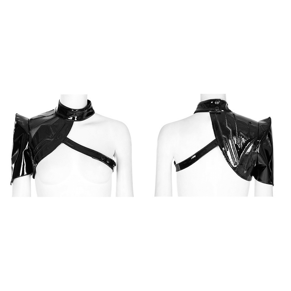 Futuristic one-arm accessory in glossy patent leather showcasing a sleek design on a mannequin.
