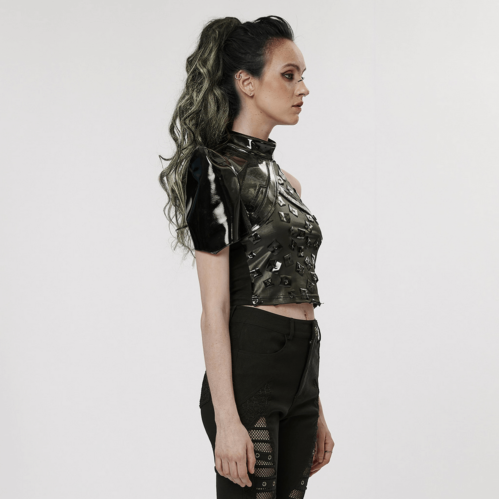 Futuristic one-arm accessory featuring glossy patent leather and unique design on a model, showcasing avant-garde fashion.