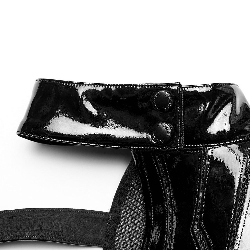 Close-up of a glossy patent leather one-arm accessory with adjustable snap buttons and futuristic design.