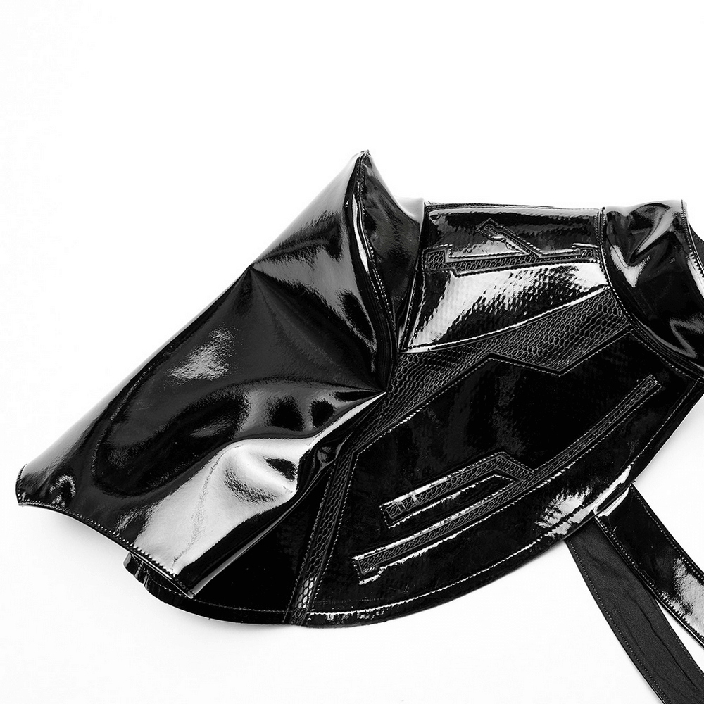 Futuristic one-arm accessory crafted from glossy patent leather and mesh, showcasing avant-garde style.