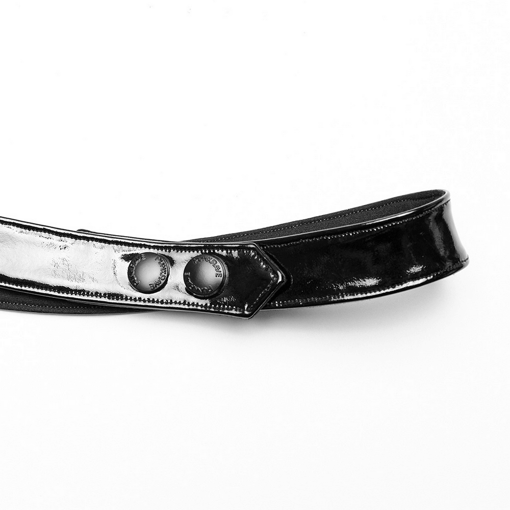 Futuristic one-arm accessory made of glossy patent leather with adjustable snap buttons, perfect for bold fashion statements.