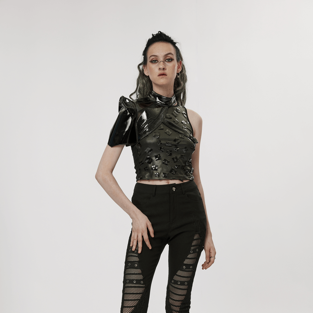 Futuristic one-arm accessory in glossy patent leather worn by model, showcasing bold avant-garde fashion.
