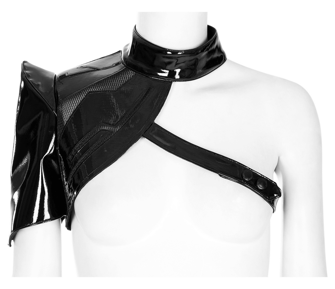 Futuristic one-arm accessory in glossy patent leather, featuring sleek design and adjustable snap closure.