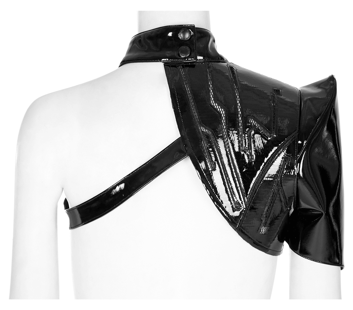 Futuristic one-arm accessory in glossy patent leather, showcasing sleek design and avant-garde style for bold fashion.