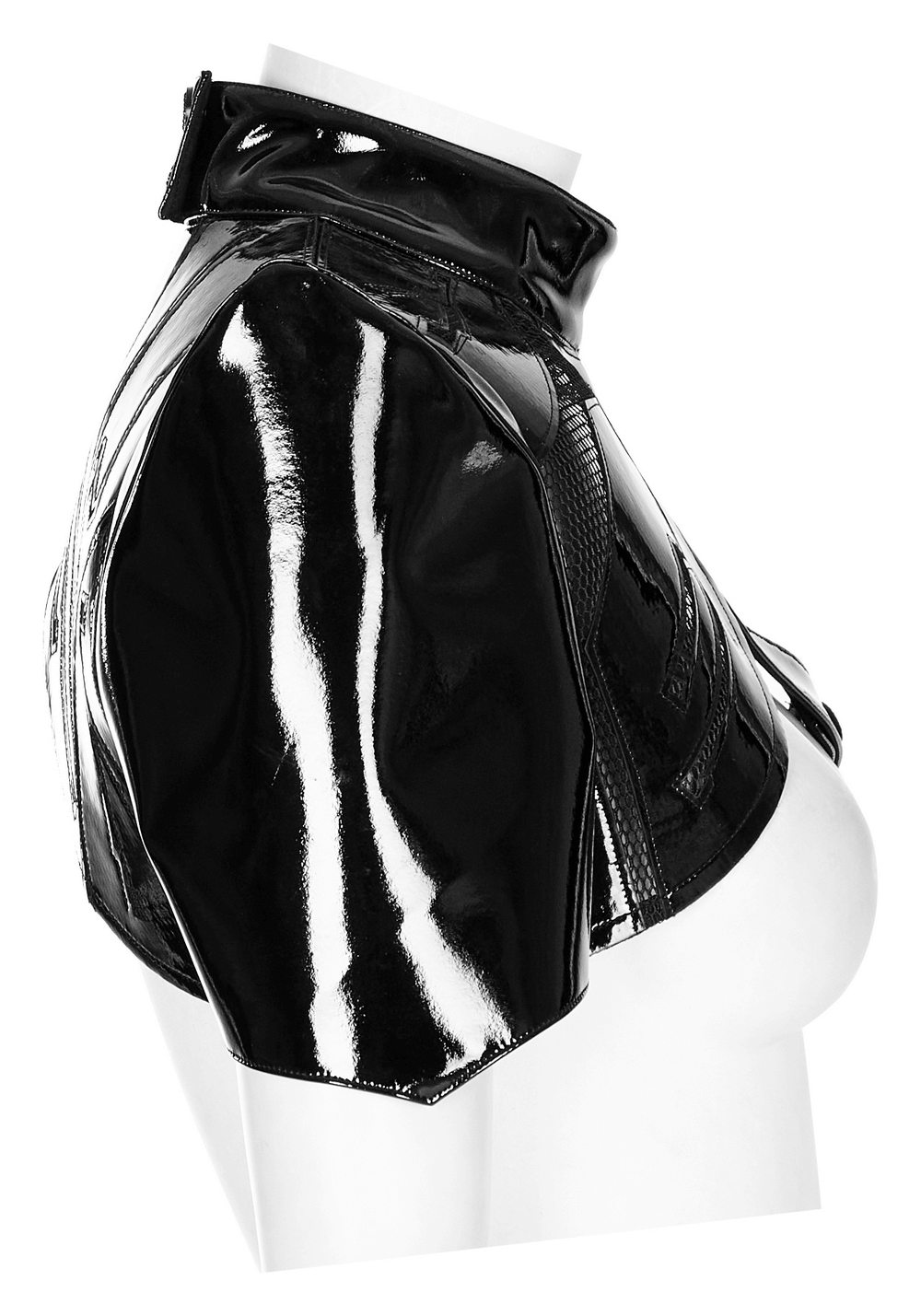 Futuristic one-arm accessory in glossy patent leather, showcasing sleek design and unique mesh pattern.