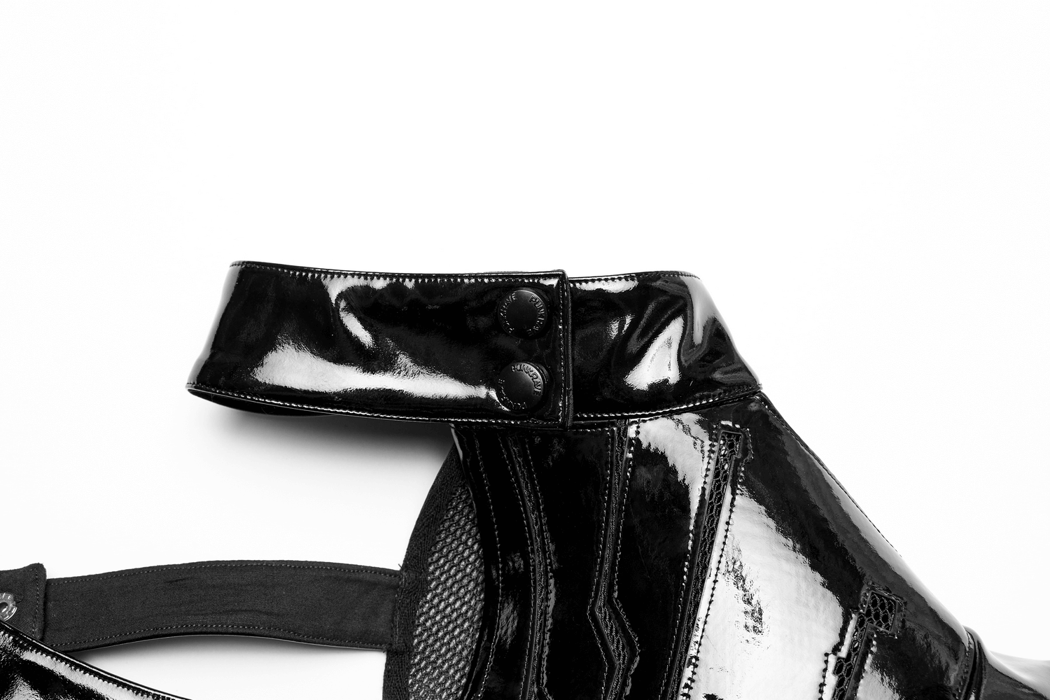 Futuristic one-arm accessory in glossy patent leather with adjustable neck closure, showcasing avant-garde style.