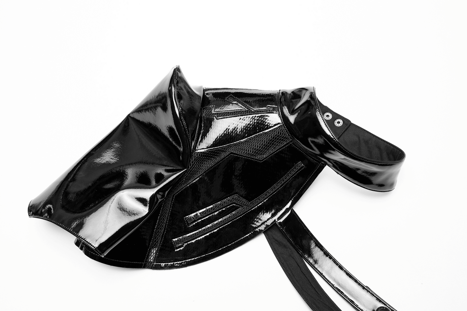 Futuristic one-arm accessory crafted from glossy patent leather, featuring a sleek design and adjustable snap button neck.