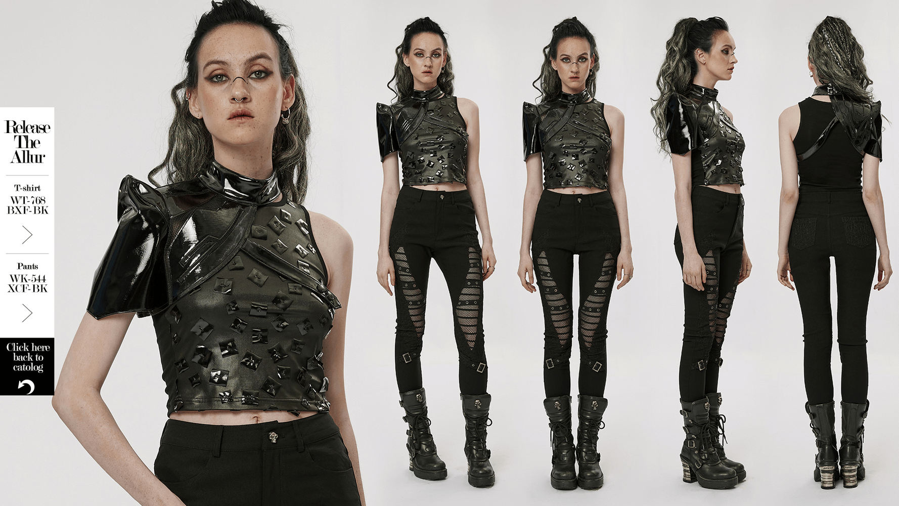 Model displaying a sleek, futuristic one-arm accessory in glossy patent leather, paired with edgy black pants.