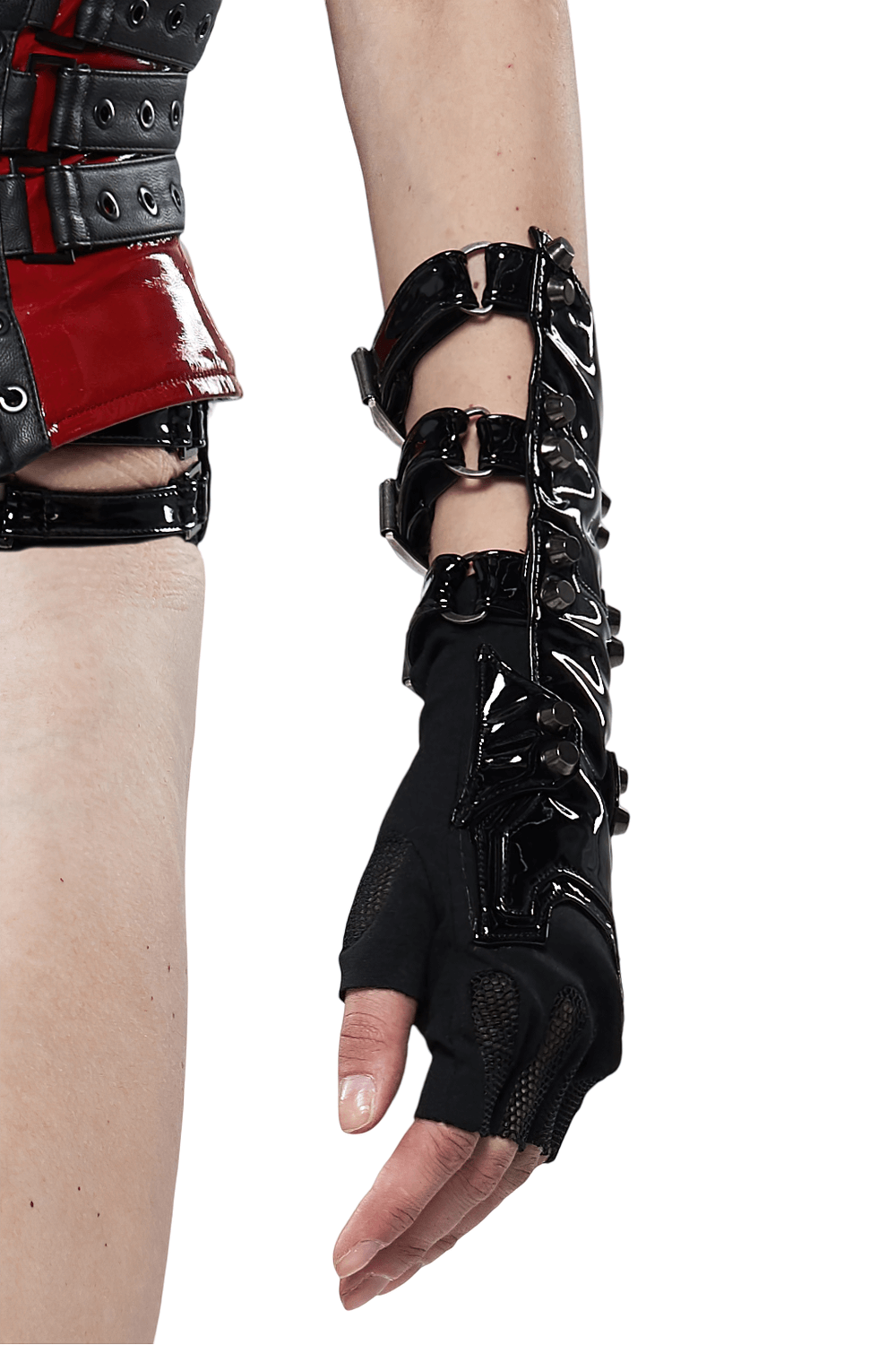 Futuristic punk half-finger gloves featuring metal rivets and zipper for a bold, edgy style.