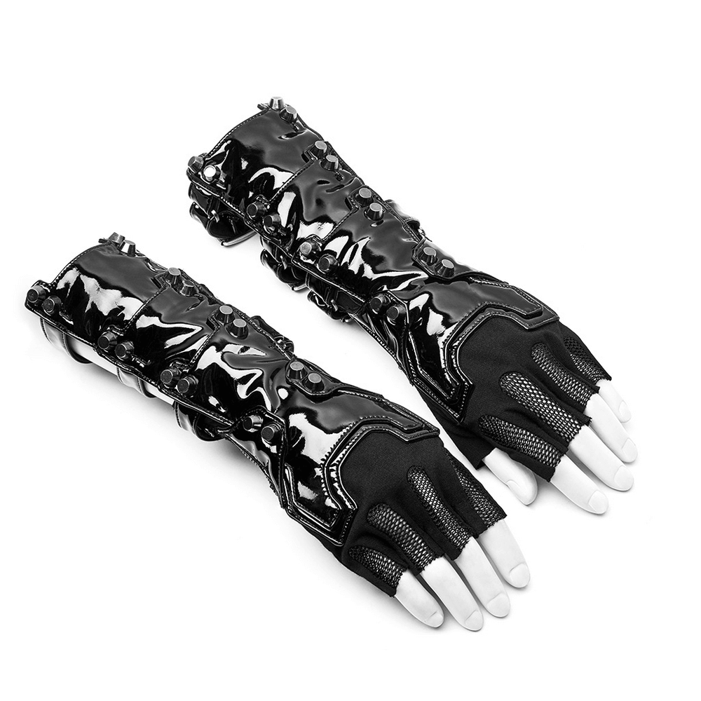 Futuristic punk half-finger gloves featuring metal rivets and zip closures, perfect for edgy fashion statements.