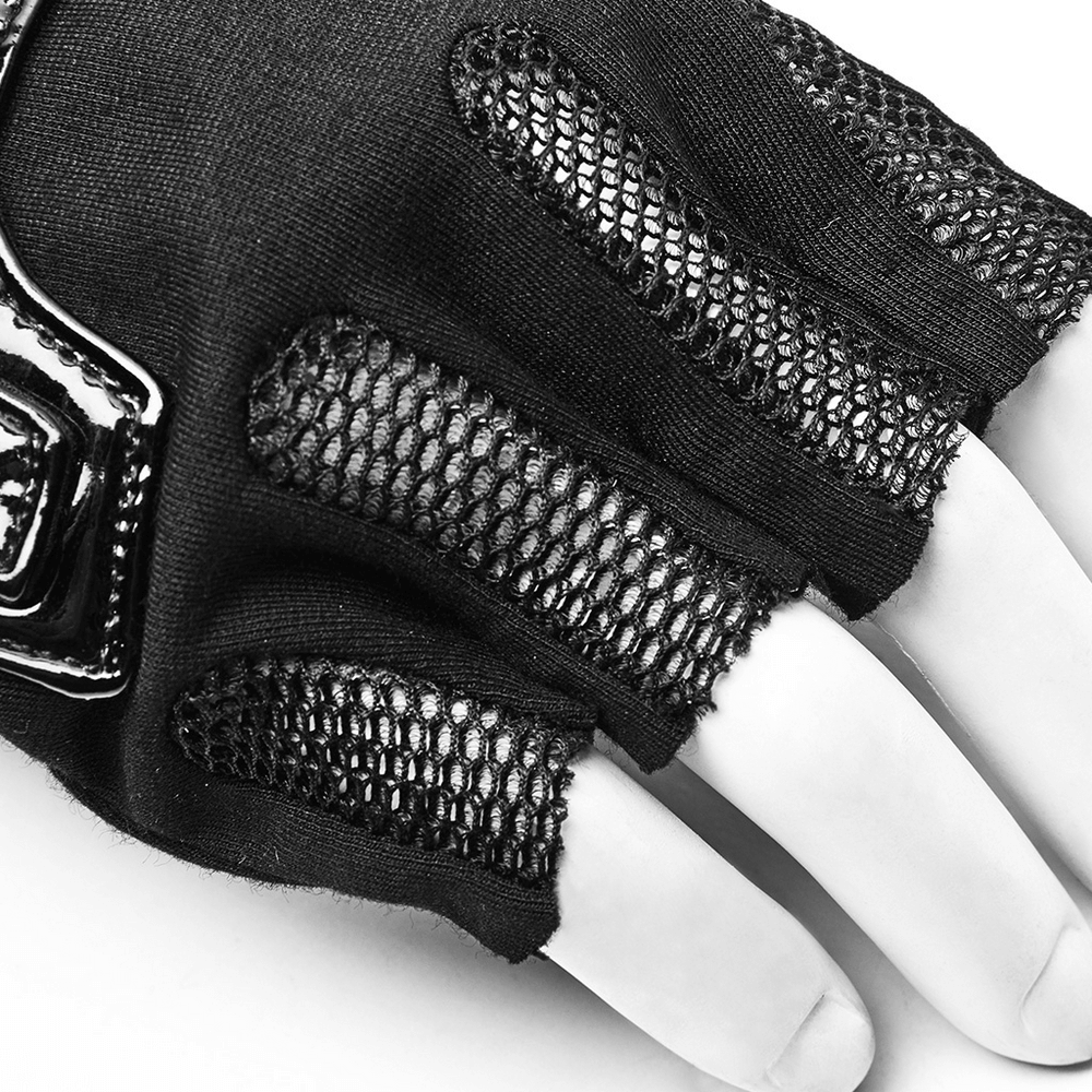 Futuristic punk half-finger gloves featuring metal rivets, zippers, and a stylish mesh design for edgy fashion.