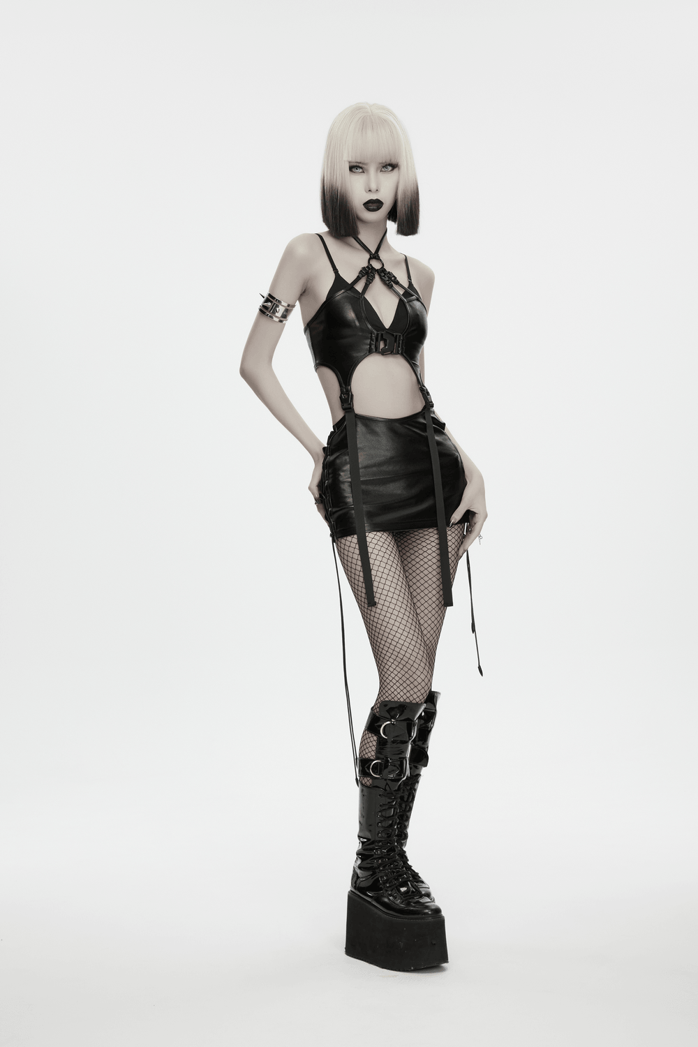 Futuristic Punk Spiked Arm Cuff with Mirror Finish worn with edgy punk outfit and bold accessories.