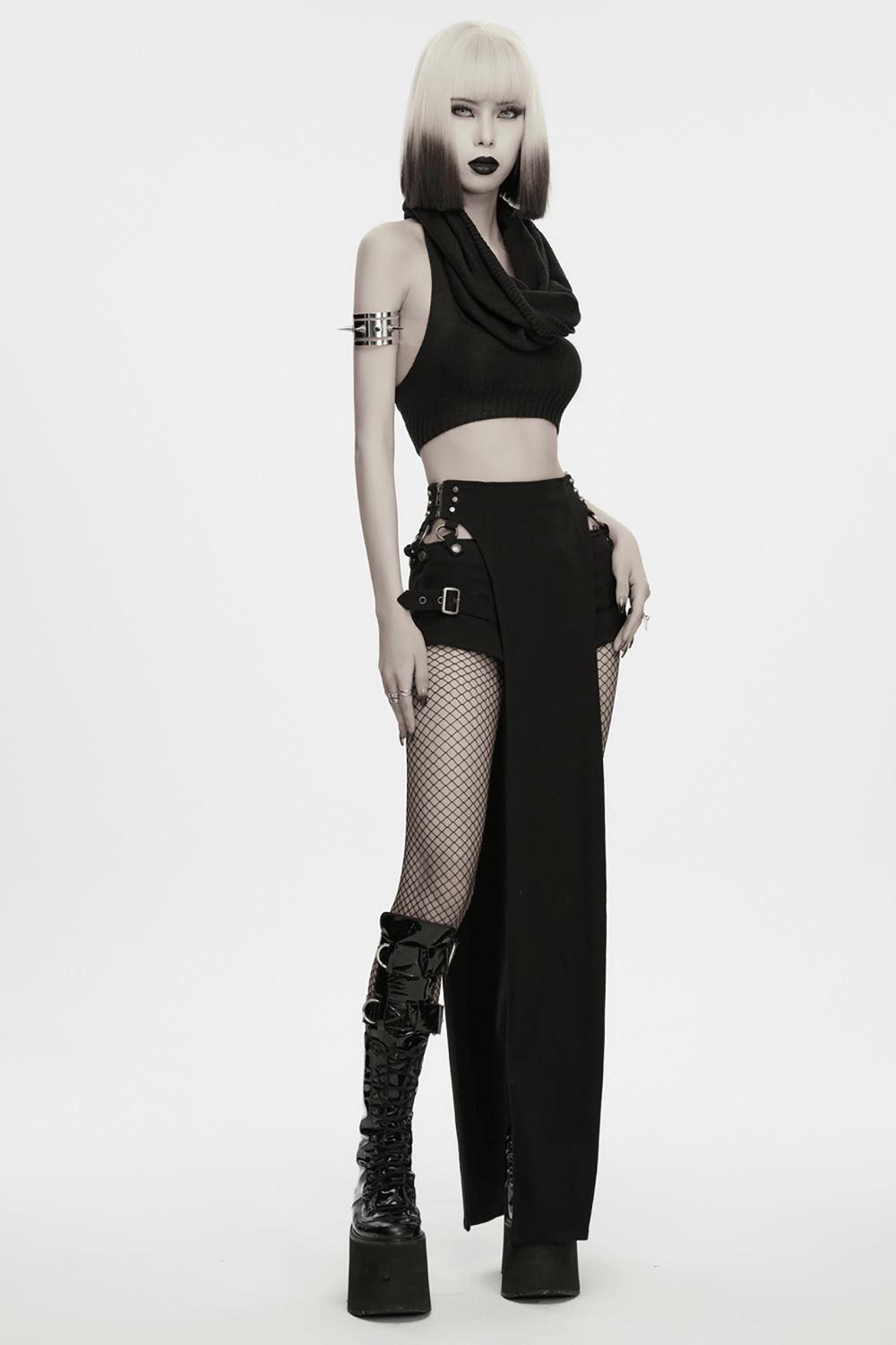 Futuristic Punk Spiked Arm Cuff with Mirror Finish worn by a model in a stylish punk outfit.