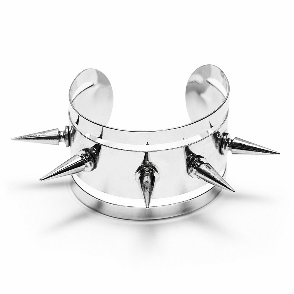 Futuristic Punk Spiked Arm Cuff with Mirror Finish showcasing metallic spikes on a shiny surface.