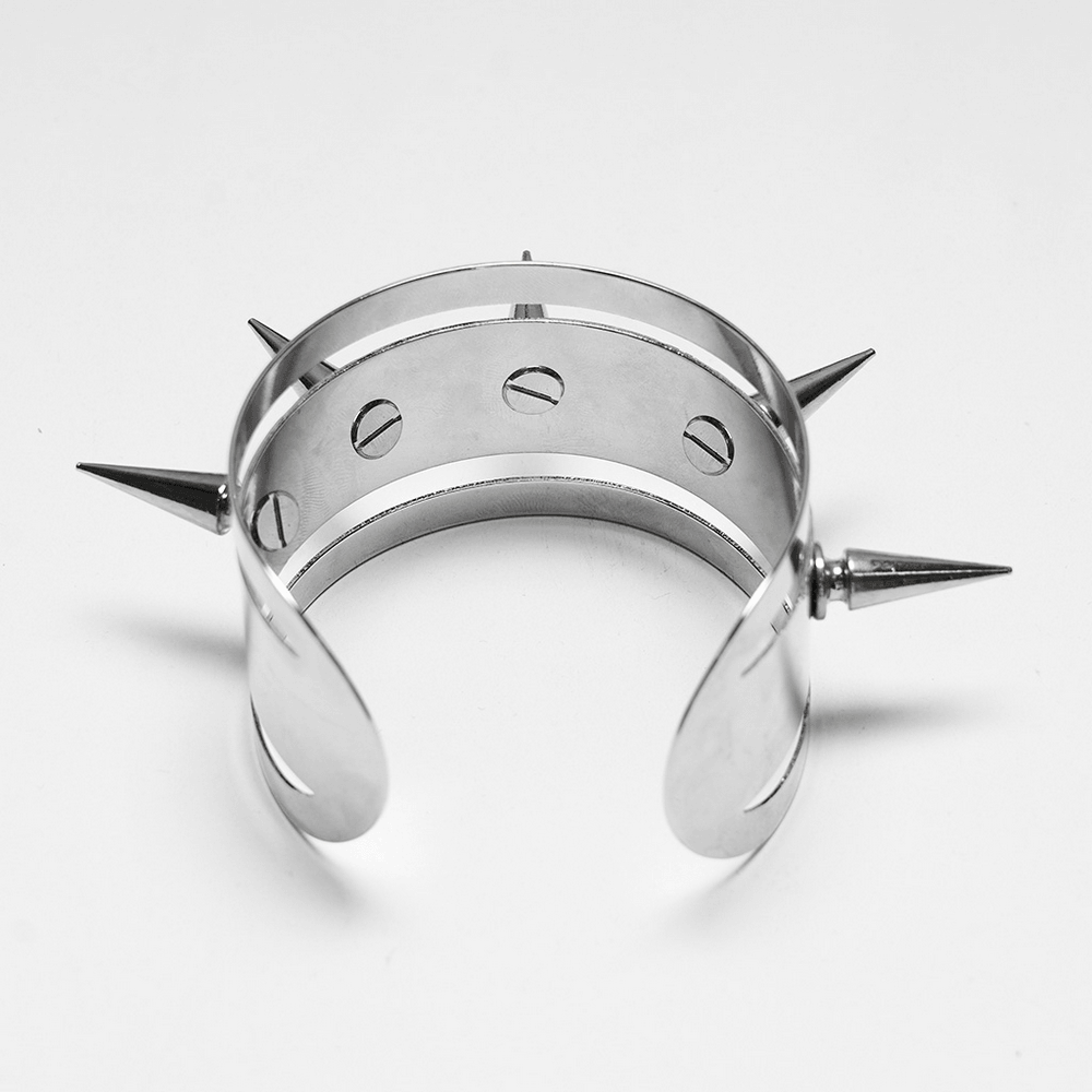 Futuristic Punk Spiked Arm Cuff with Mirror Finish showcasing bold metallic spikes and sleek design