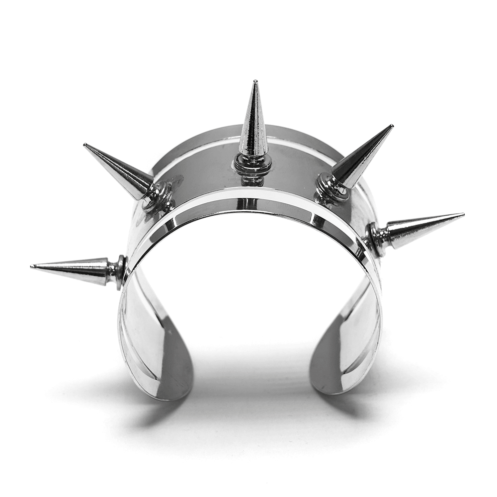 Futuristic Punk Spiked Arm Cuff with Mirror Finish showcasing bold metallic spikes and a sleek silver design.