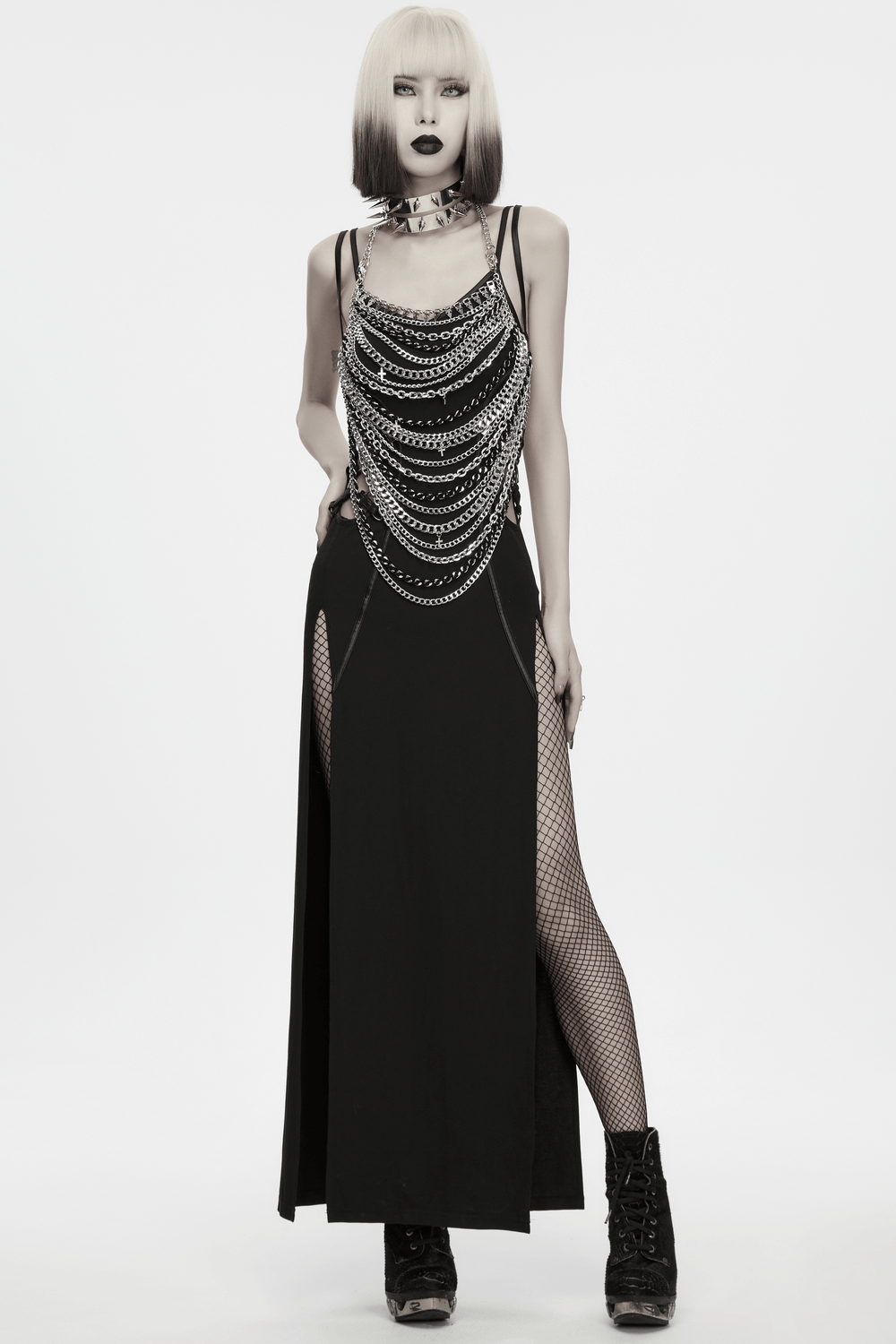 Futuristic Punk Studded Choker with Metal Spikes worn with a dramatic black outfit and chains, showcasing bold punk style.