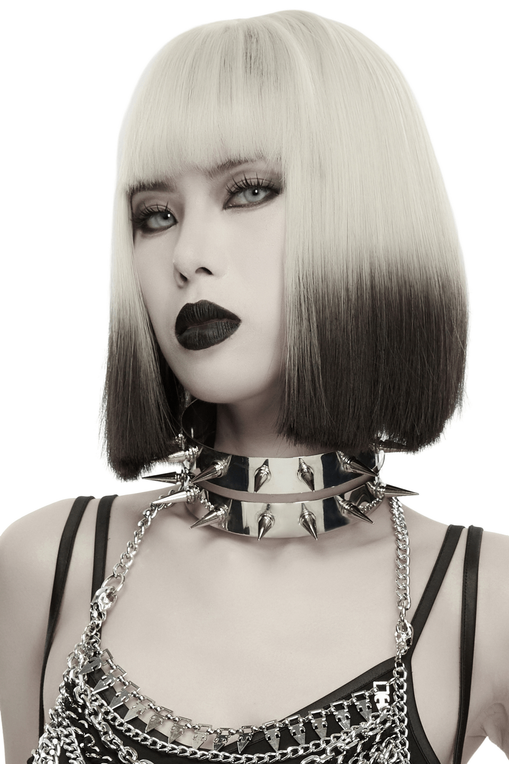 Futuristic Punk Studded Choker with Metal Spikes showcased on a model with striking hairstyle and bold makeup.