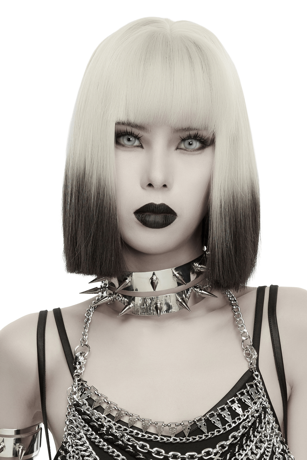 Futuristic Punk Studded Choker with Metal Spikes worn by model with stylish haircut and edgy makeup.