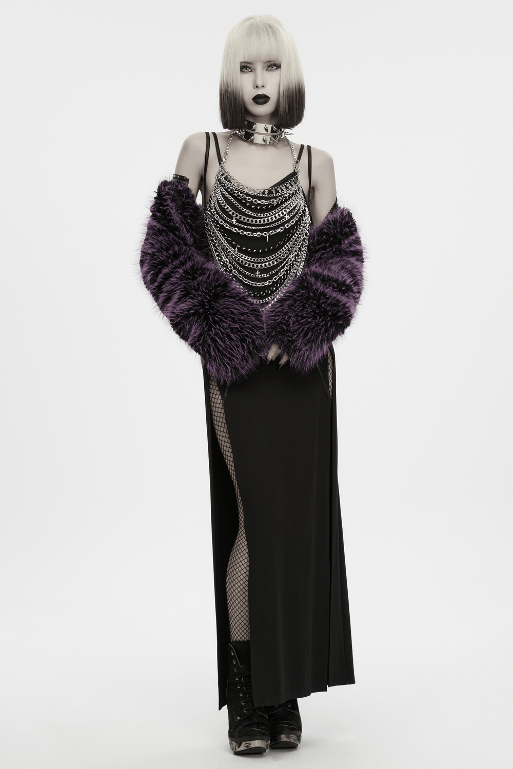 Futuristic Punk Studded Choker with Metal Spikes worn with a stylish outfit, showcasing edgy punk fashion.