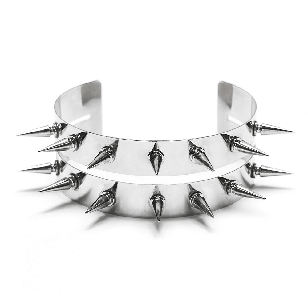 Futuristic Punk Studded Choker with Metal Spikes featuring silver mirror finish and bold metal spikes.