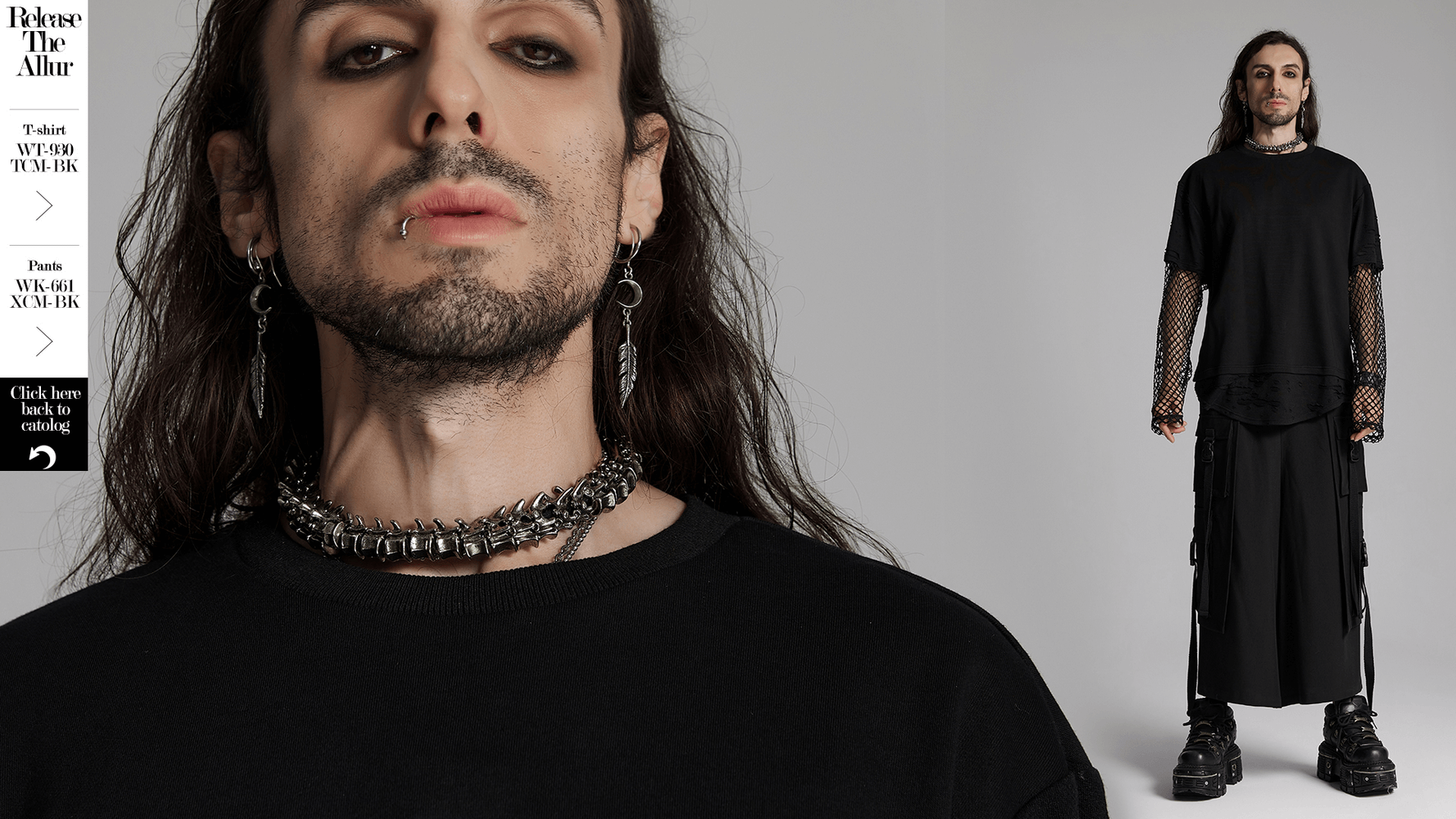 Model showcasing a punk-inspired outfit featuring a black shirt, layered accessories, and edgy footwear.
