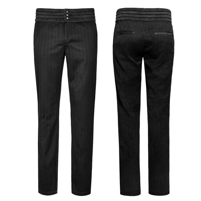 Gentleman black striped pants with elegant belt, perfect for steampunk style and Victorian flair.