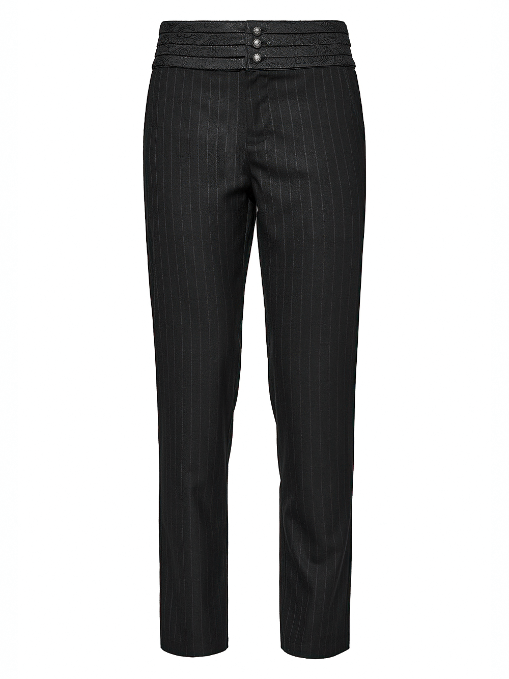 Elegant black-striped steampunk pants with layered waistband and buttons, perfect for a gothic aesthetic.