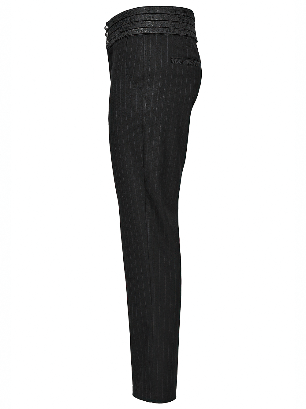 Side view of gentleman black striped pants with elegant belt, perfect for a steampunk look.