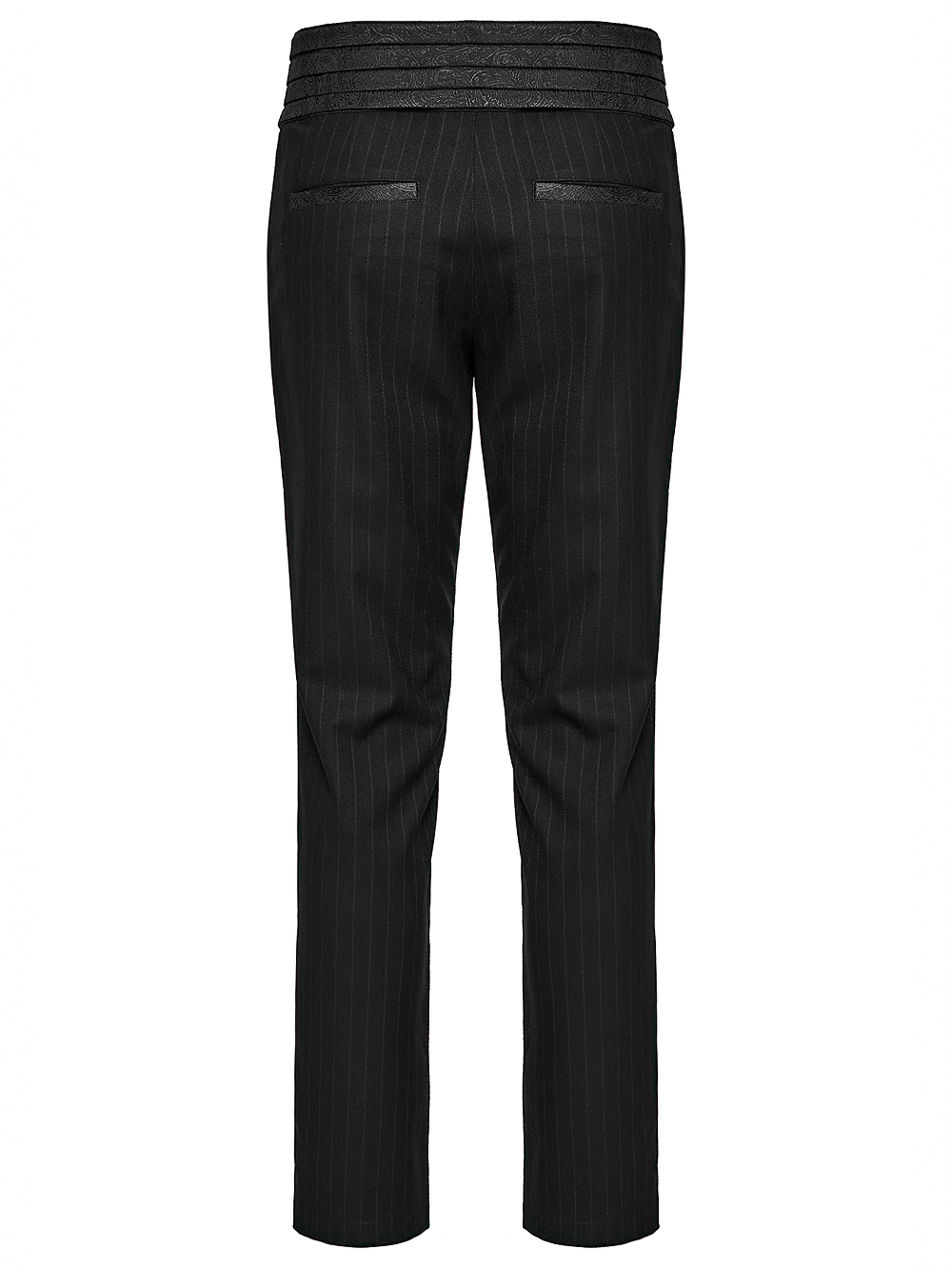 Back view of gentleman's black striped pants with elegant layered waistband for a steampunk style.