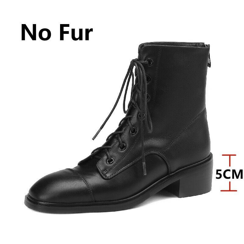 Genuine Leather Ankle Boots with Zip on Back / Casual Thick Heels Lace-Up Shoes for Women
