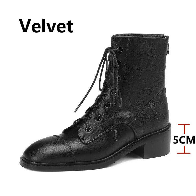 Genuine Leather Ankle Boots with Zip on Back / Casual Thick Heels Lace-Up Shoes for Women