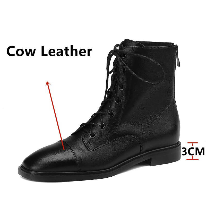 Genuine Leather Ankle Boots with Zip on Back / Casual Thick Heels Lace-Up Shoes for Women