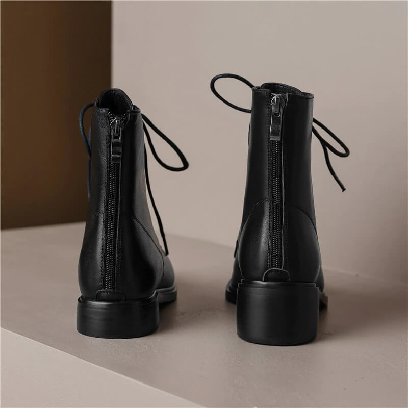 Genuine Leather Ankle Boots with Zip on Back / Casual Thick Heels Lace-Up Shoes for Women