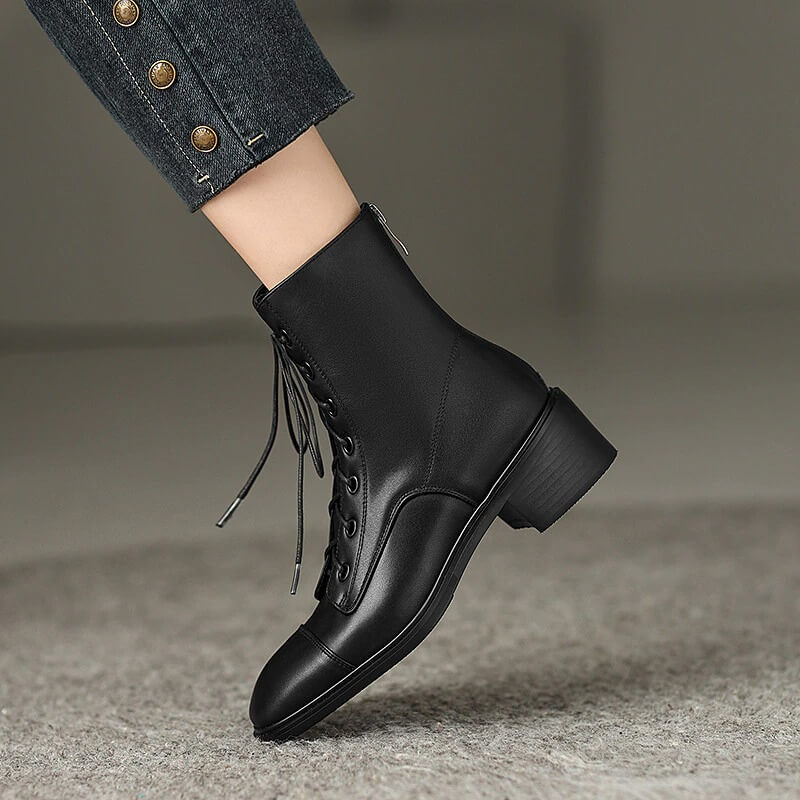 Genuine Leather Ankle Boots with Zip on Back / Casual Thick Heels Lace-Up Shoes for Women
