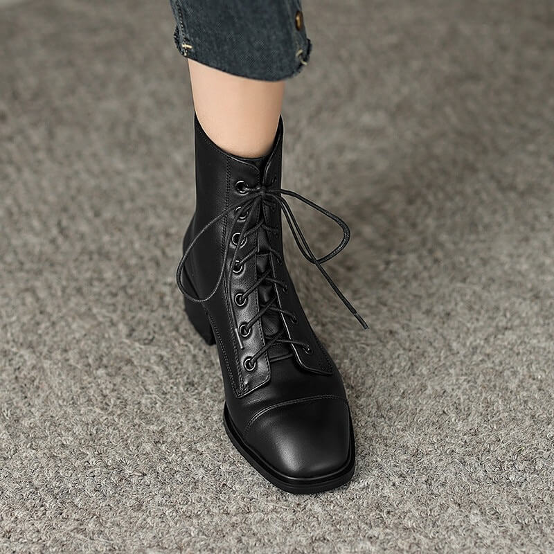 Genuine Leather Ankle Boots with Zip on Back / Casual Thick Heels Lace-Up Shoes for Women